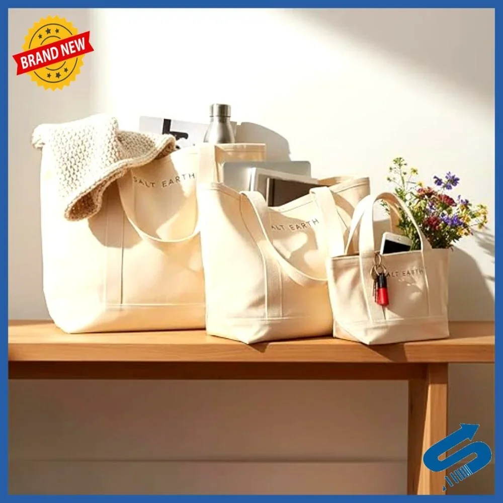 Canvas Tote Bag Set Multipurpose Reusable Eco-Friendly Travel Work Shopping